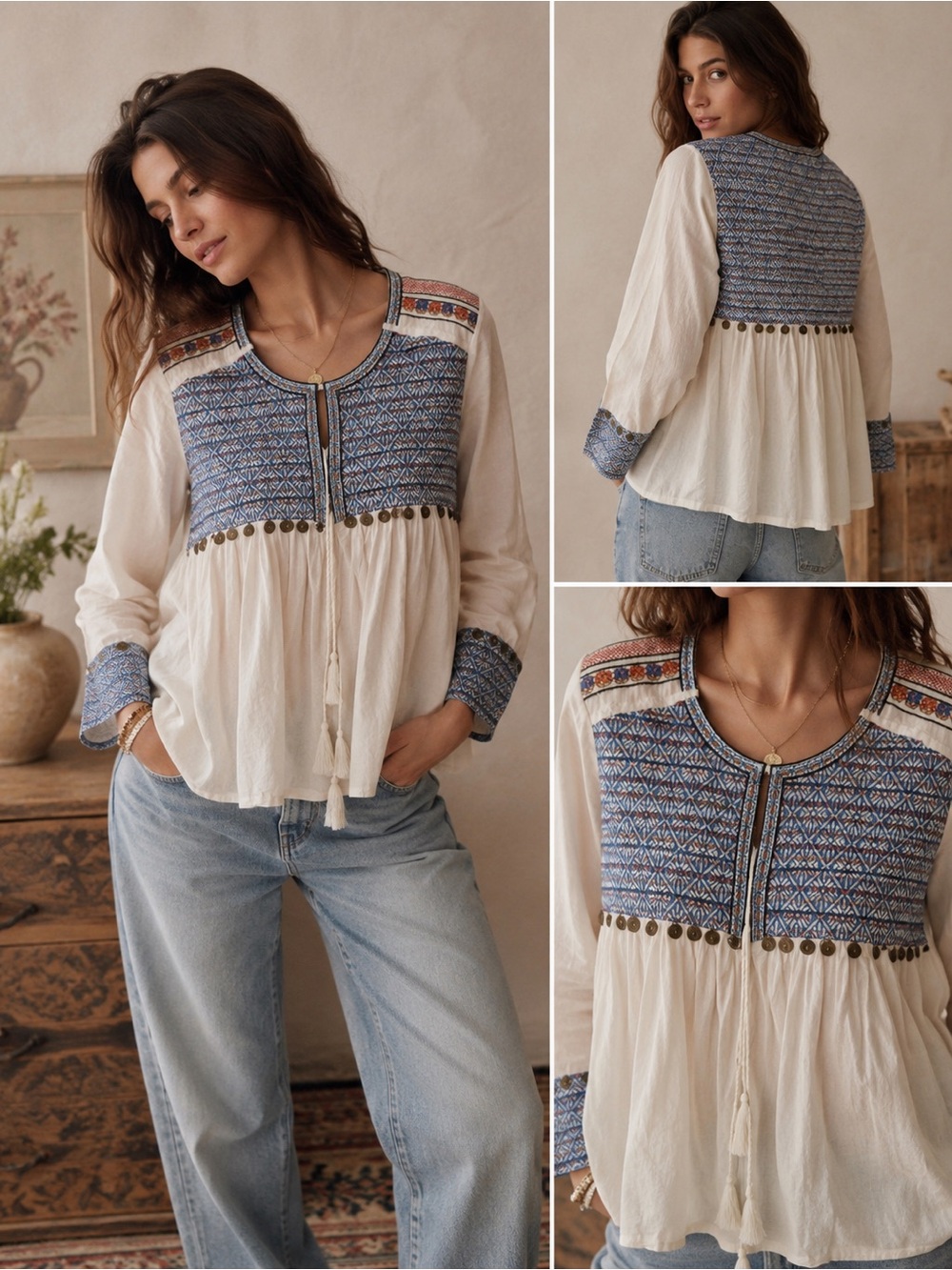 Embroidered Boho Open Cardigan M Coin Trim Babydoll Jacket
